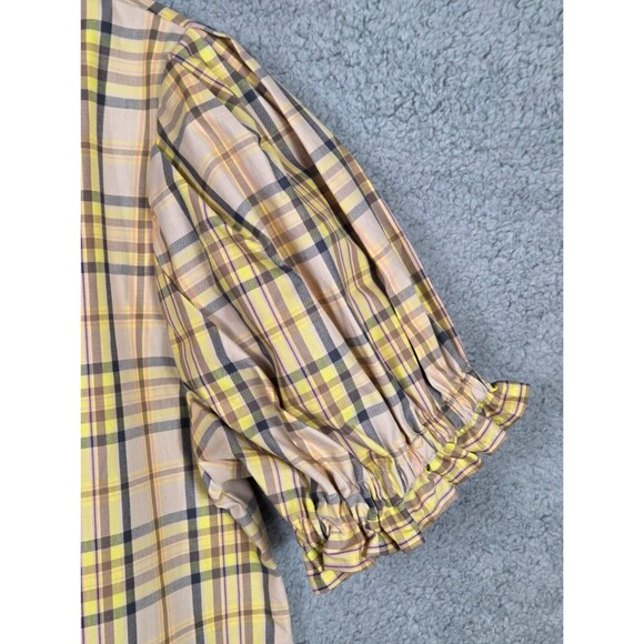 BURU Maisonette Puff Sleeve Top S‎ Tan Yellow Brown Plaid Cottagecore Equestrian - Picture 2 of 6